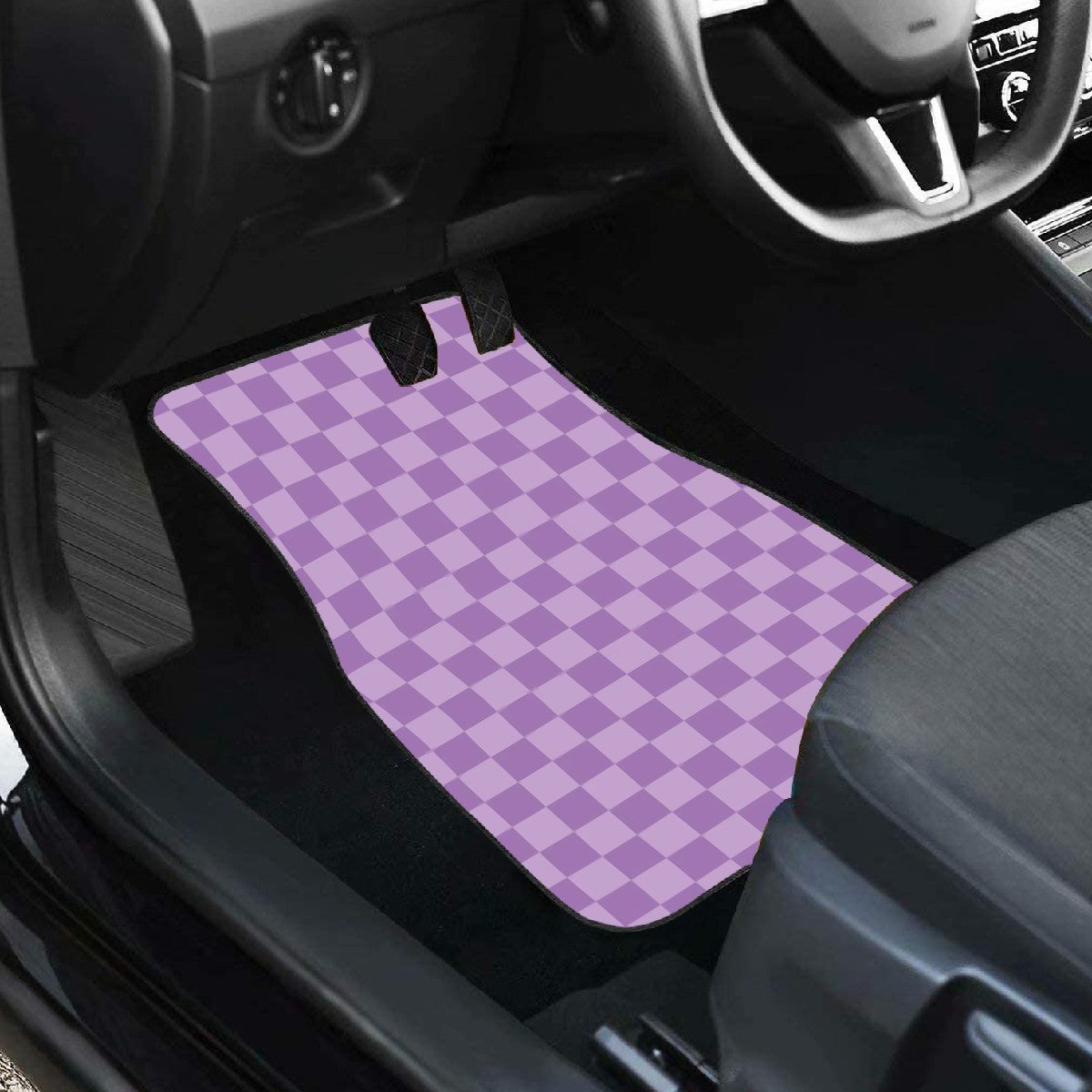 Purple Checkered Car Mats - Set of 2 - Front