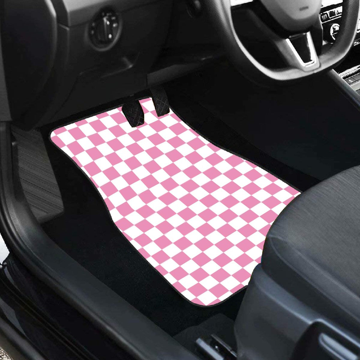 White & Pink Checkered Car Mats - Set of 2 - Front