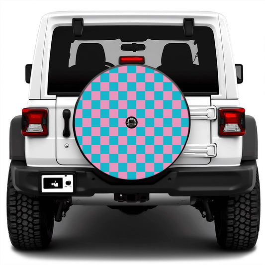 Pink & Blue Checkered Spare Tire Cover with Camera Hole