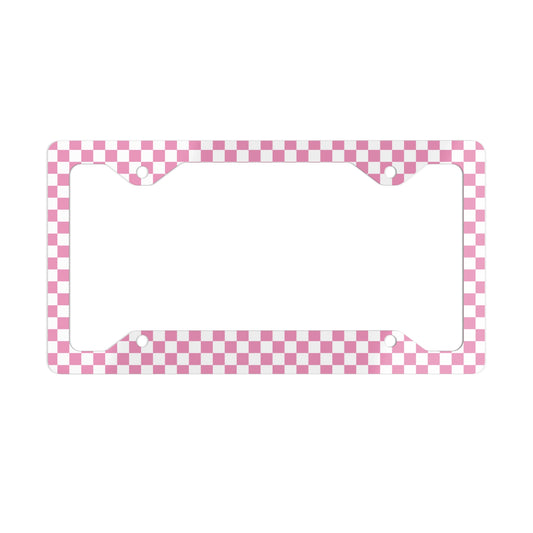 White & Pink Checkered Metal License Plate Frame