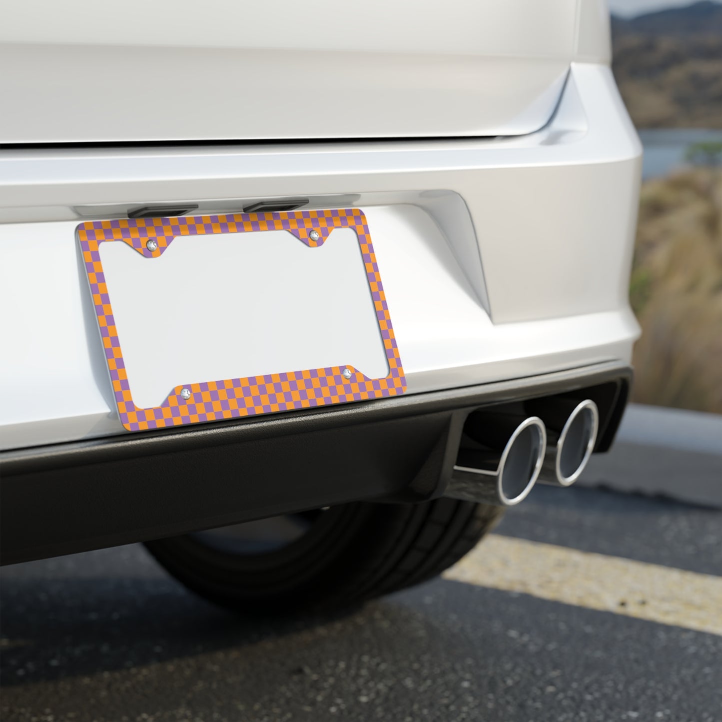 Orange & Purple Checkered Metal License Plate Frame