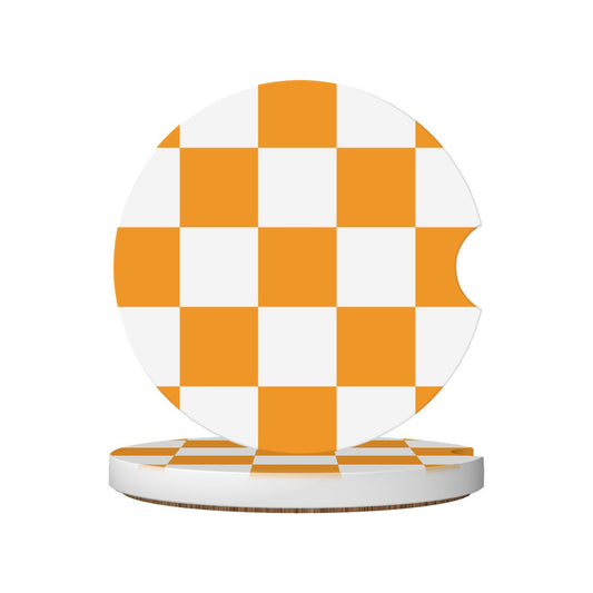White & Orange Checkered Ceramic Coasters - Set of 2
