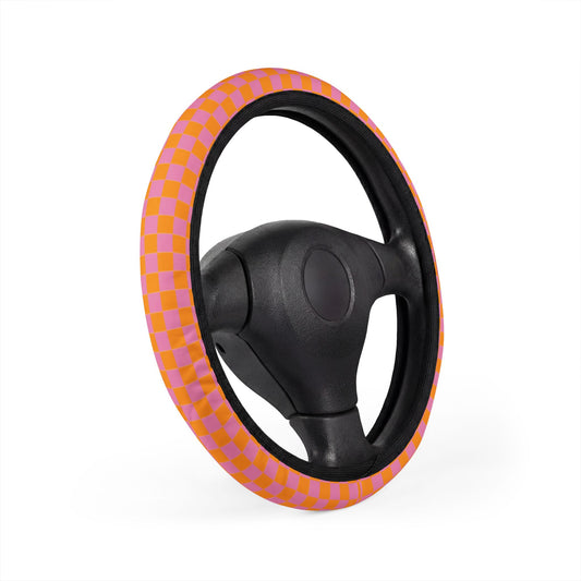 Pink & Orange Checkered Steering Wheel Cover