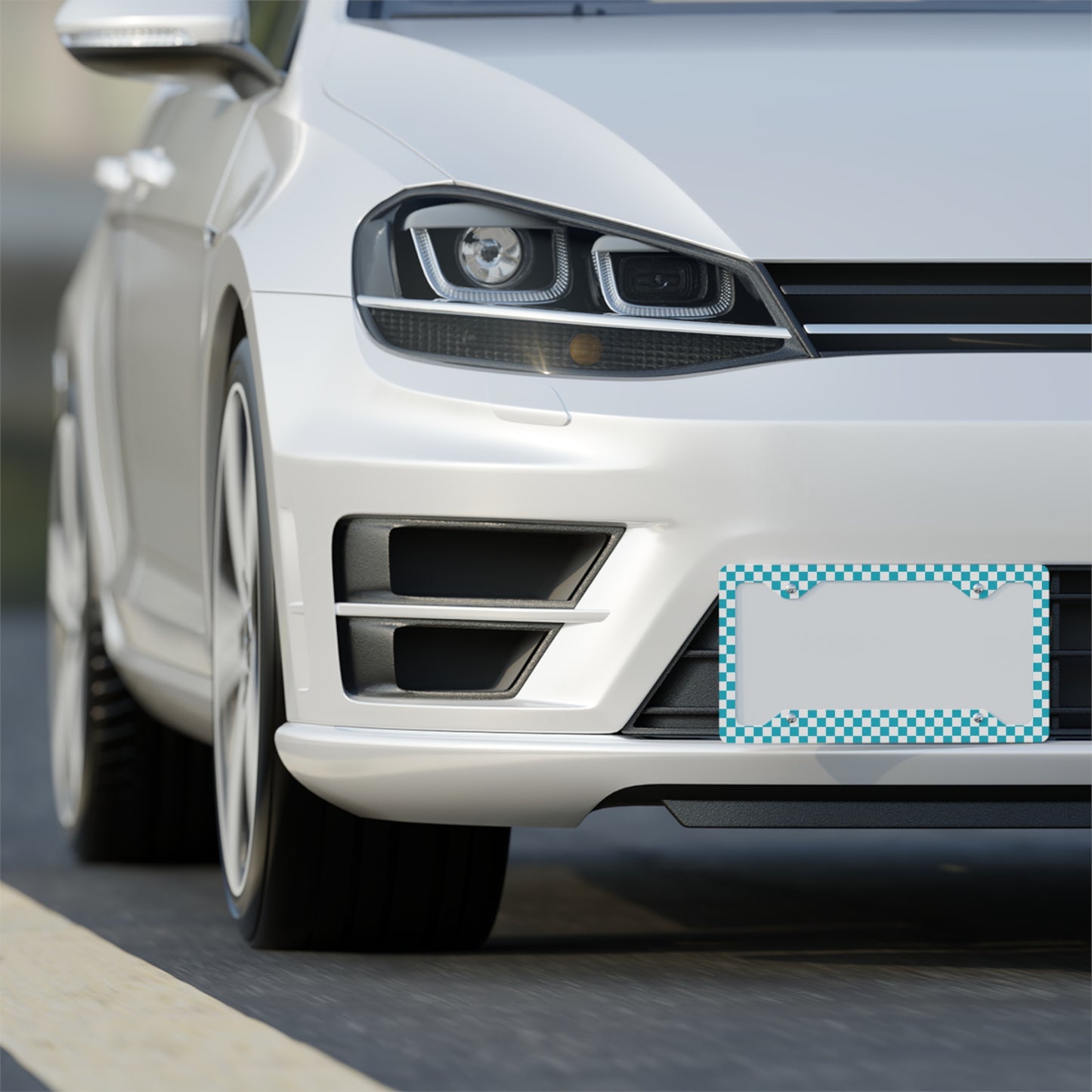 White & Blue Checkered Metal License Plate Frame