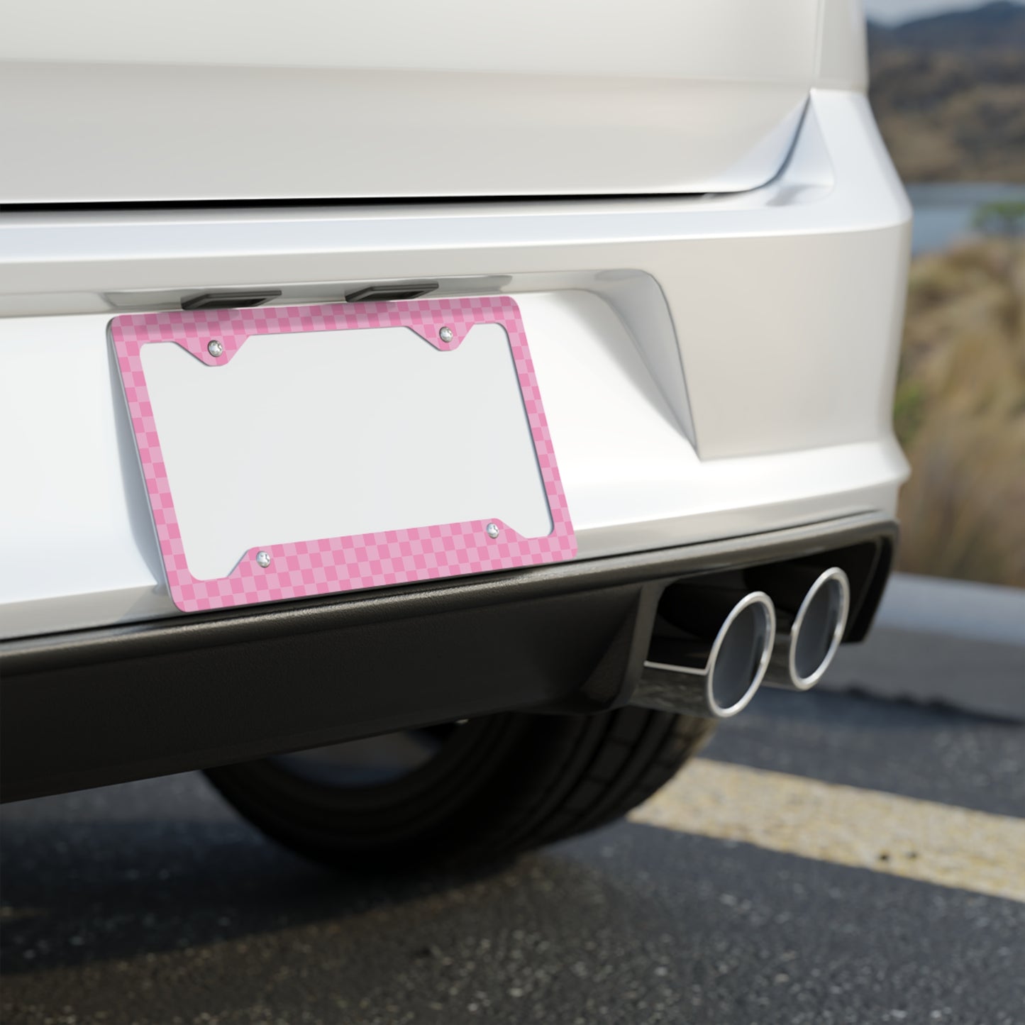 Pink Checkered Metal License Plate Frame