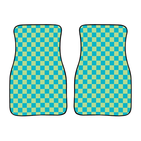 Blue & Green Checkered Car Mats - Set of 2 - Front