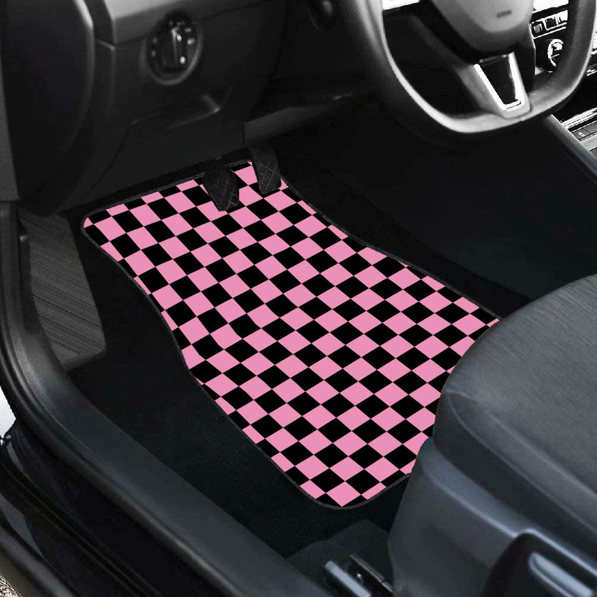 Black & Pink Checkered Car Mats - Set of 2 - Front