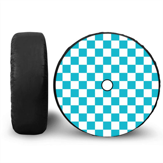 White & Blue Checkered Spare Tire Cover with Camera Hole