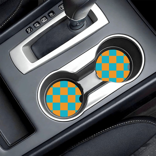 Blue & Orange Checkered Ceramic Coasters - Set of 2