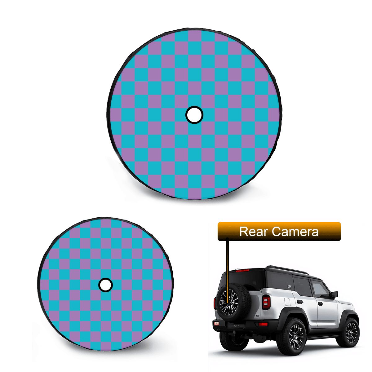 Blue & Purple Checkered Spare Tire Cover with Camera Hole