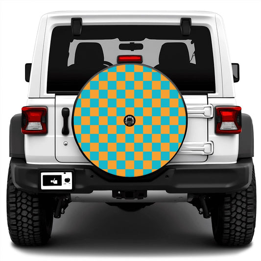 Blue & Orange Checkered Spare Tire Cover with Camera Hole