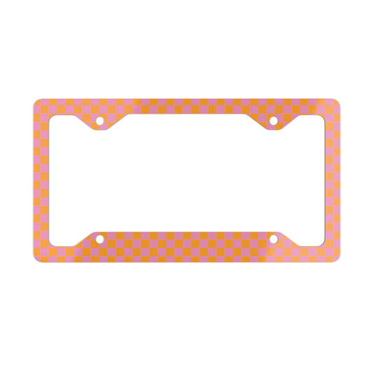Pink & Orange Checkered Metal License Plate Frame