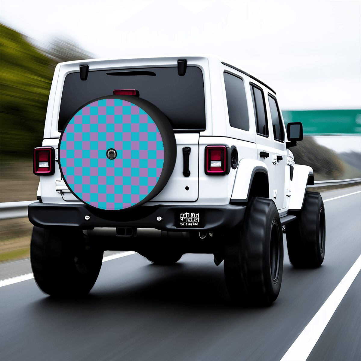 Blue & Purple Checkered Spare Tire Cover with Camera Hole
