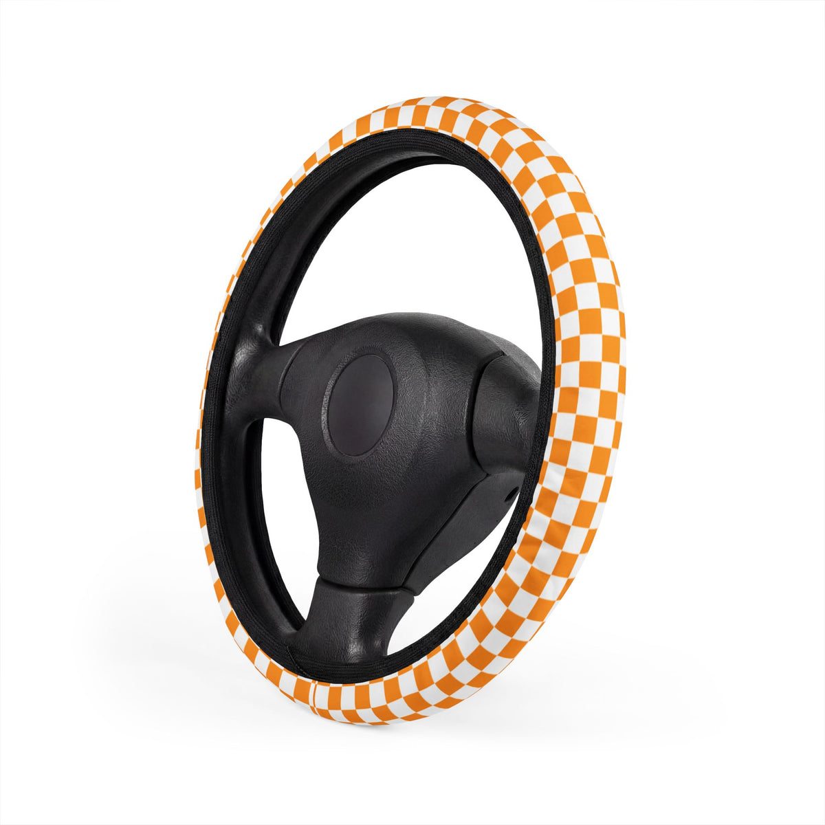 White & Orange Checkered Steering Wheel Cover