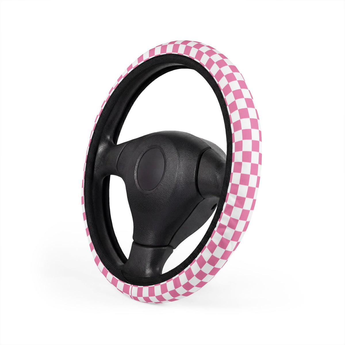 White & Pink Checkered Steering Wheel Cover