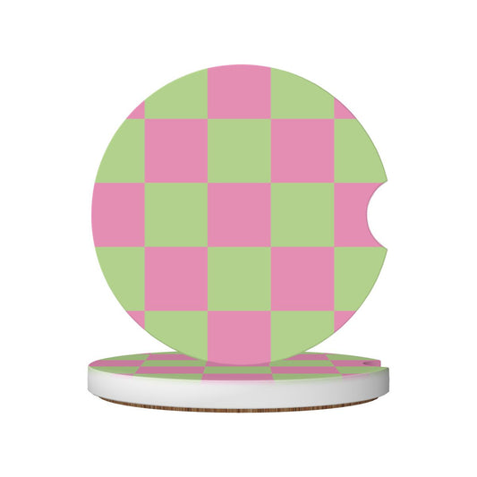 Pink & Green Checkered Ceramic Coasters - Set of 2