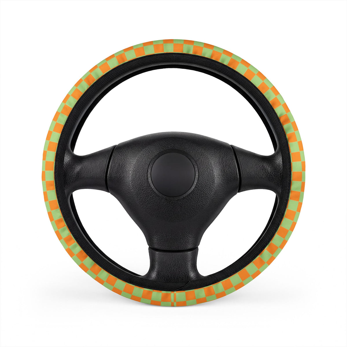 Orange & Green Checkered Steering Wheel Cover