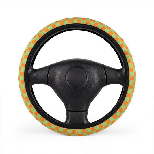 Orange & Green Checkered Steering Wheel Cover