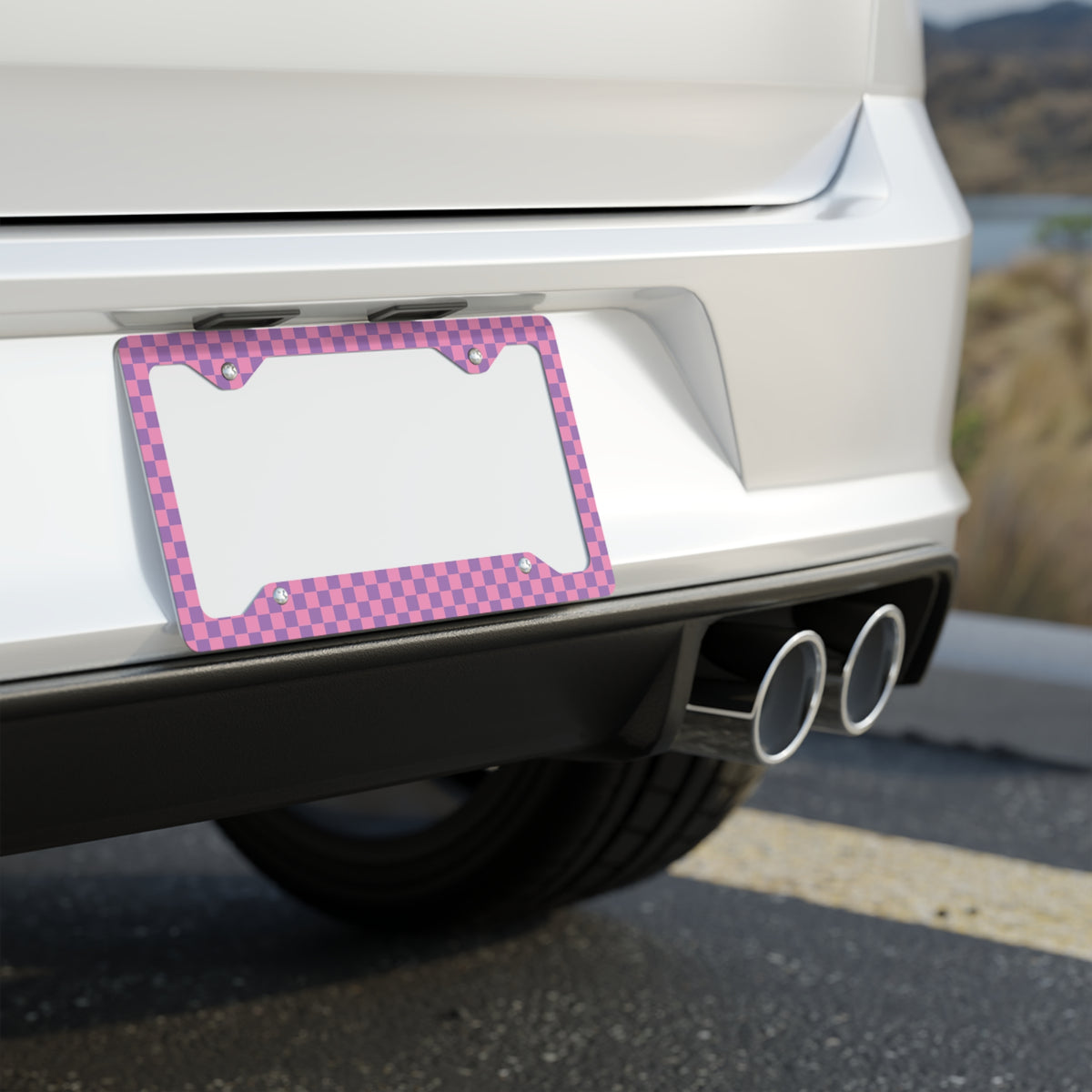 Pink & Purple Checkered Metal License Plate Frame