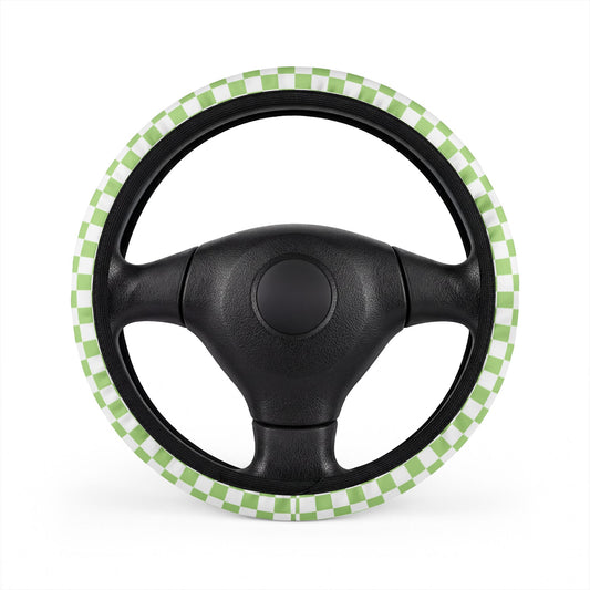 White & Green Checkered Steering Wheel Cover
