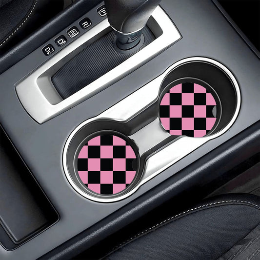 Black & Pink Checkered Ceramic Coasters - Set of 2