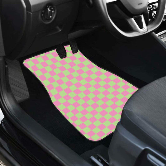 Pink & Green Checkered Car Mats - Set of 2 - Front