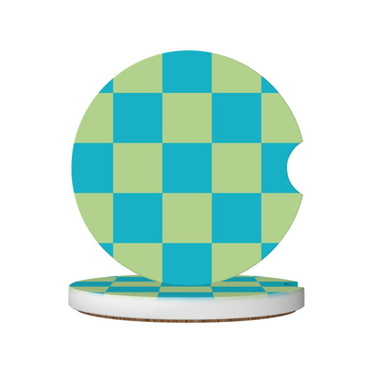 Blue & Green Checkered Ceramic Coasters - Set of 2