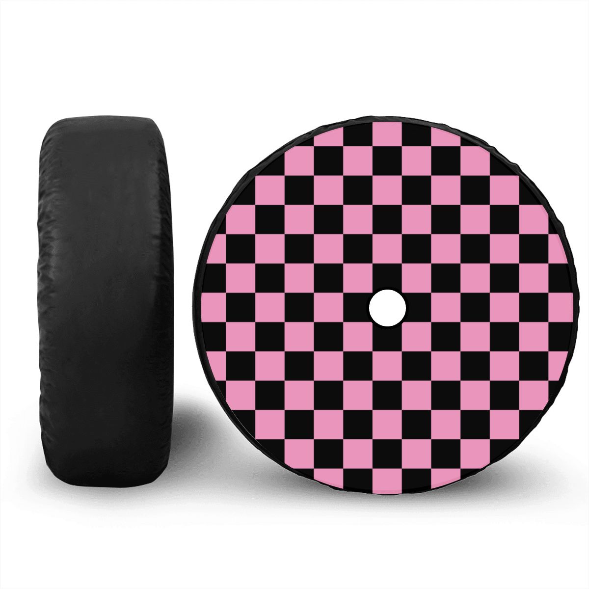 Black & Pink Checkered Spare Tire Cover with Camera Hole
