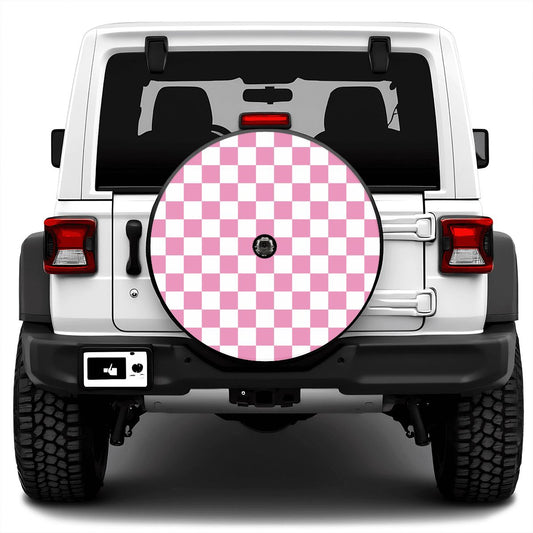 White & Pink Checkered Spare Tire Cover with Camera Hole