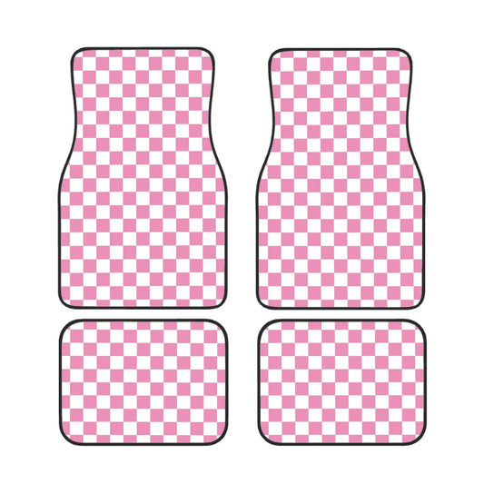 White & Pink Checkered Car Mats - Set of 4