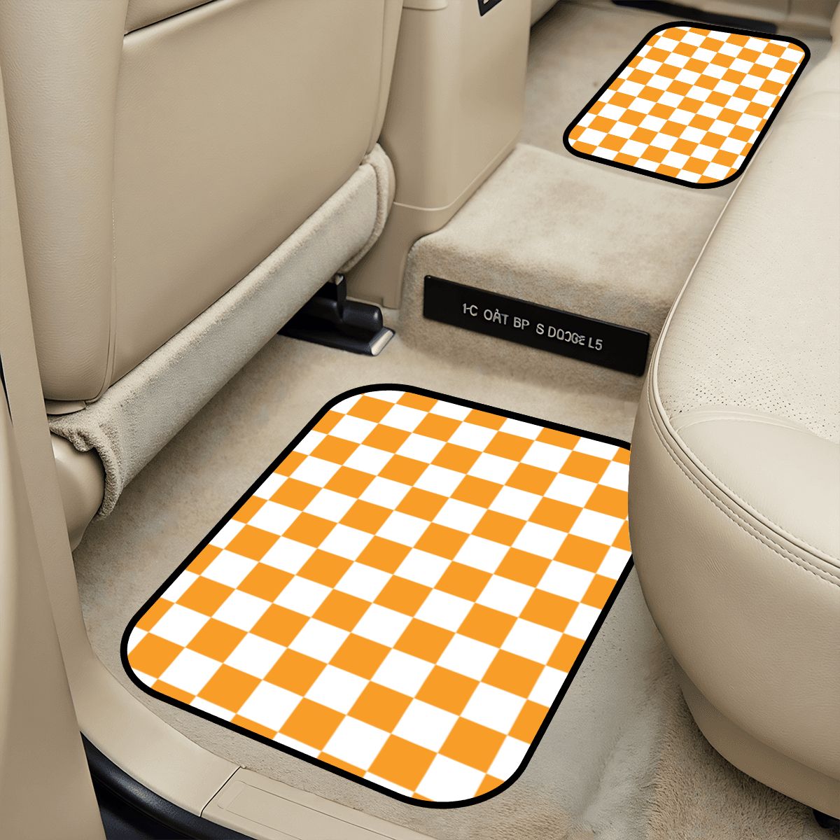 White & Orange Checkered Car Mats - Set of 2 - Rear