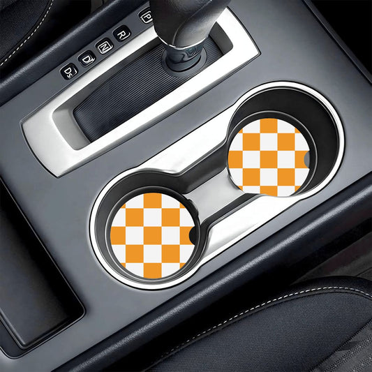 White & Orange Checkered Ceramic Coasters - Set of 2
