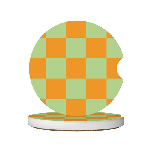 Orange & Green Checkered Ceramic Coasters - Set of 2
