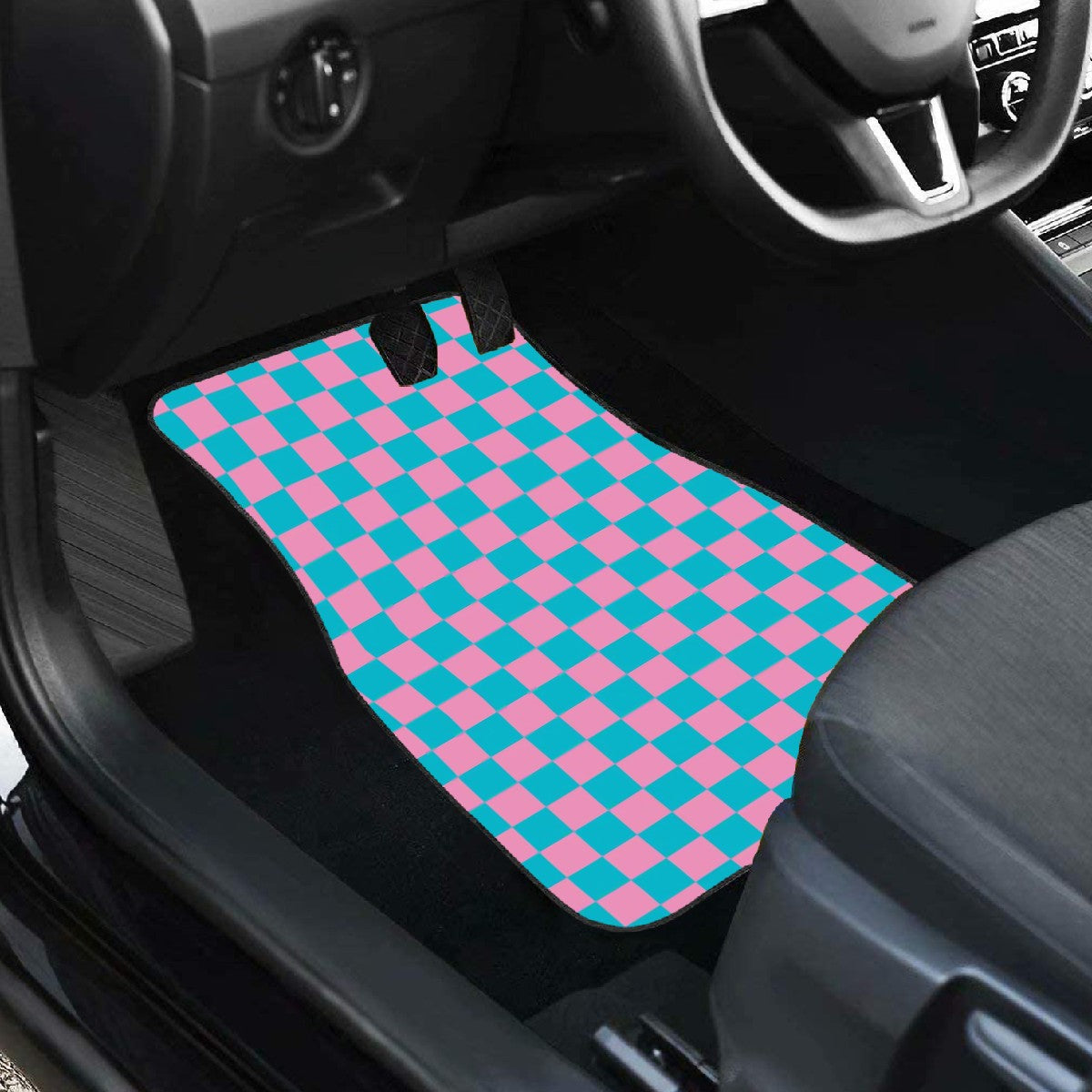 Pink & Blue Checkered Car Mats - Set of 2 - Front