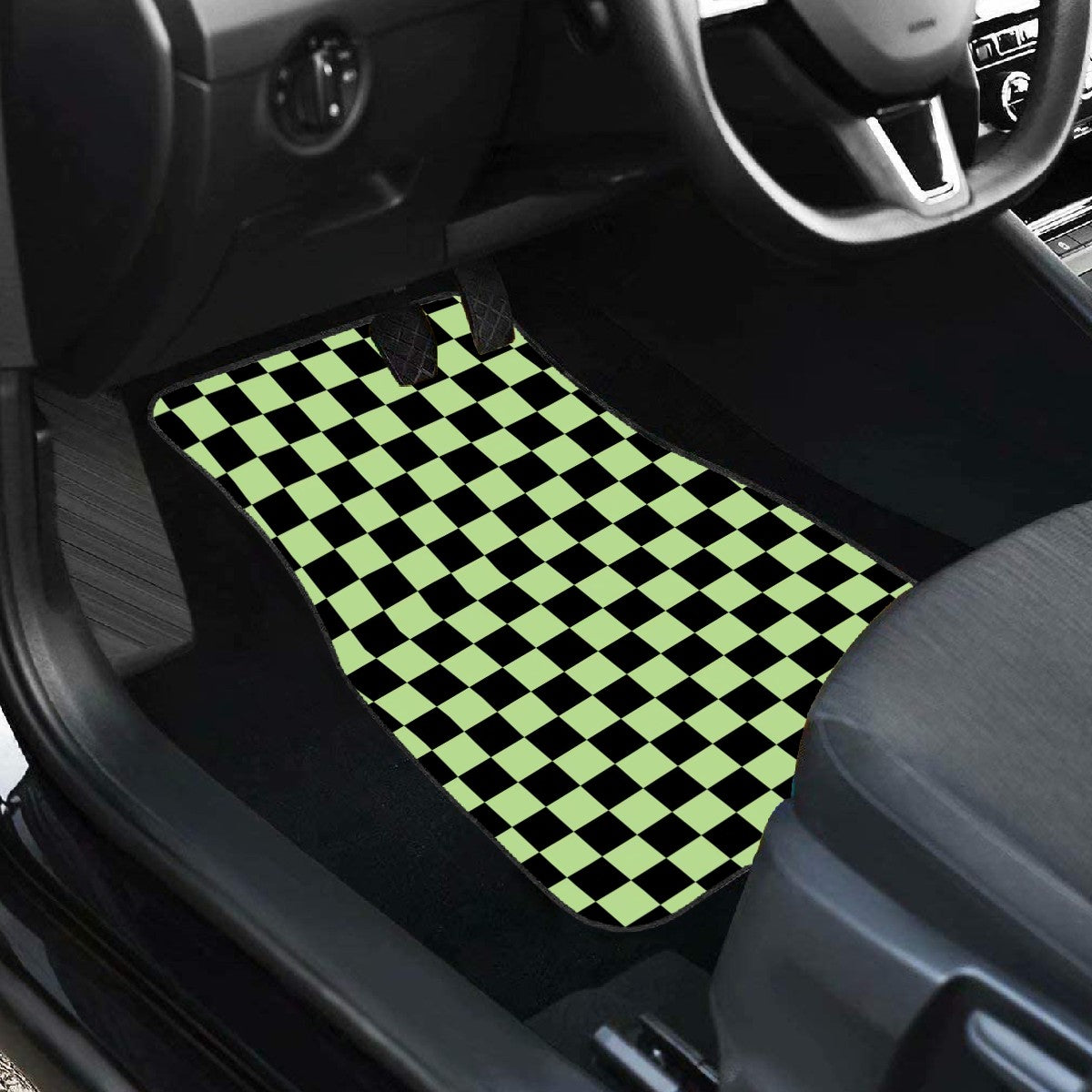 Black & Green Checkered Car Mats - Set of 2 - Front