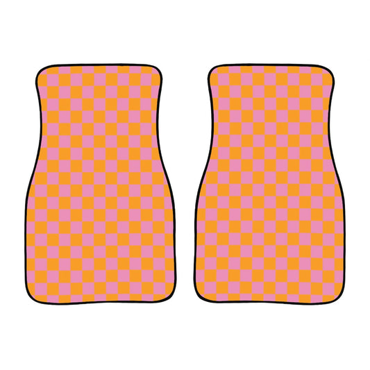 Pink & Orange Checkered Car Mats - Set of 2 - Front