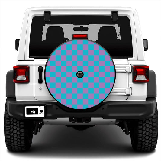 Blue & Purple Checkered Spare Tire Cover with Camera Hole