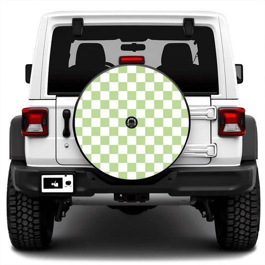 White & Green Checkered Spare Tire Cover with Camera Hole