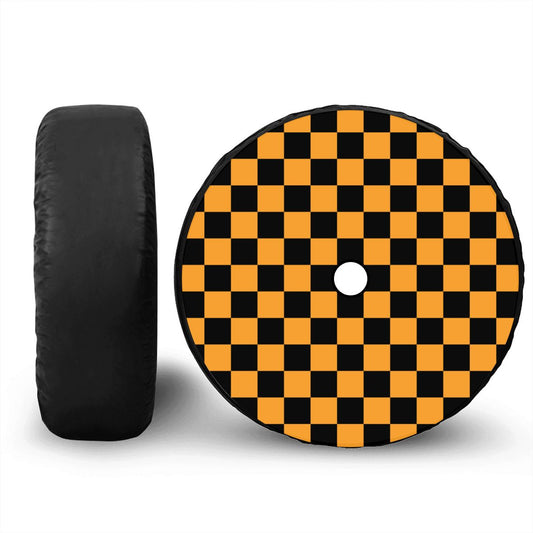Black & Orange Checkered Spare Tire Cover with Camera Hole