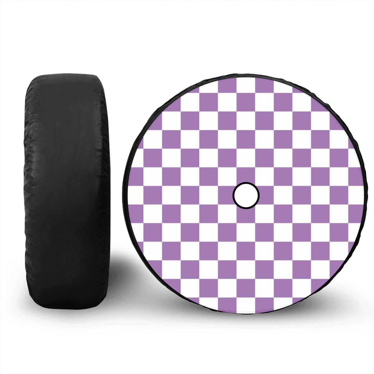 White & Purple Checkered Spare Tire Cover with Camera Hole