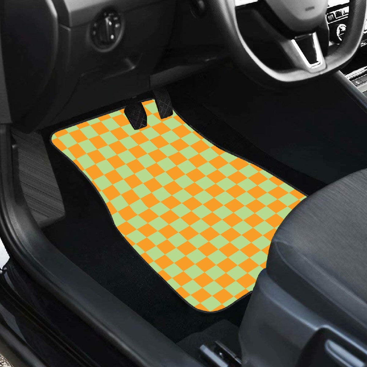 Orange & Green Checkered Car Mats - Set of 2 - Front