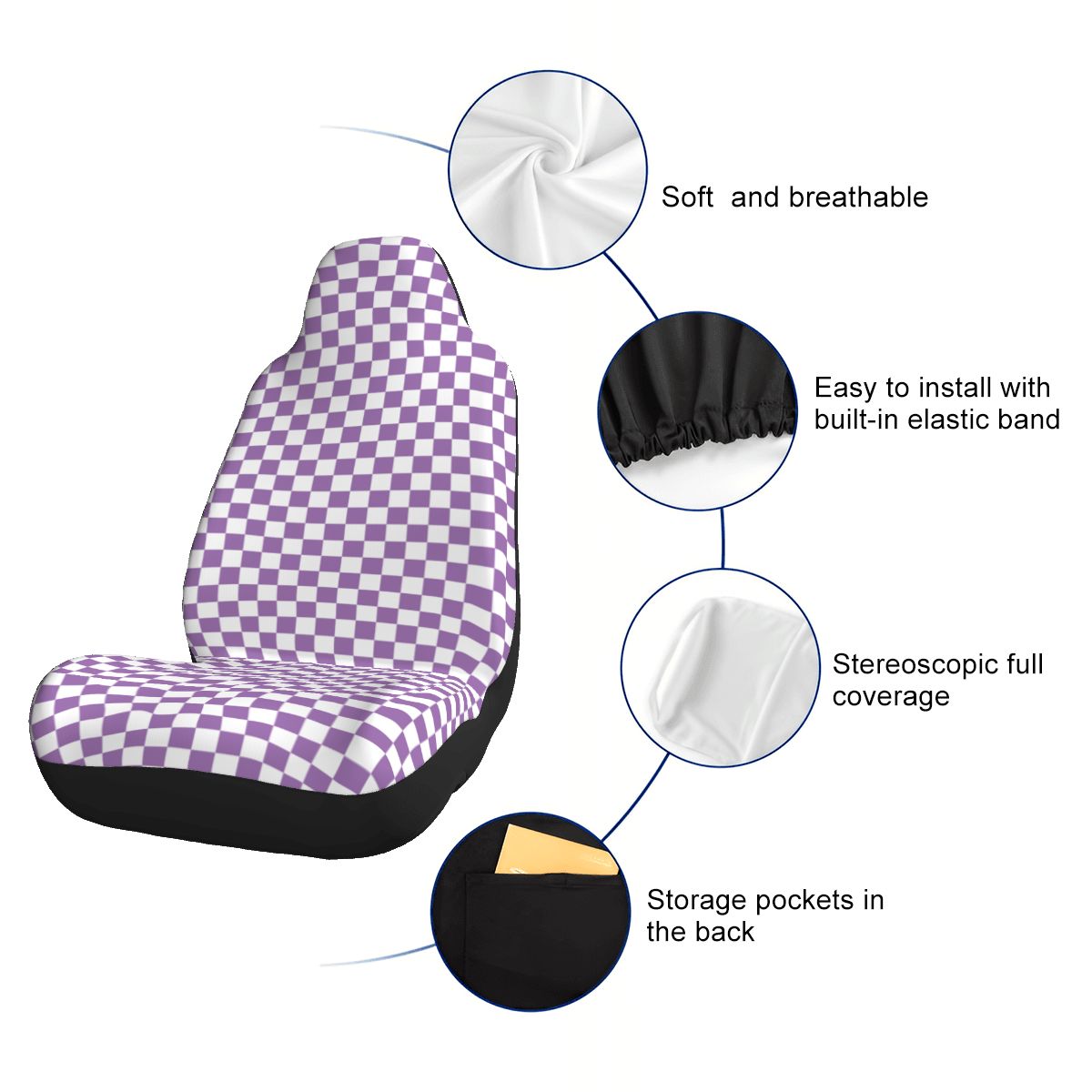 White & Purple Checkered Car Seat Covers - Set of 2