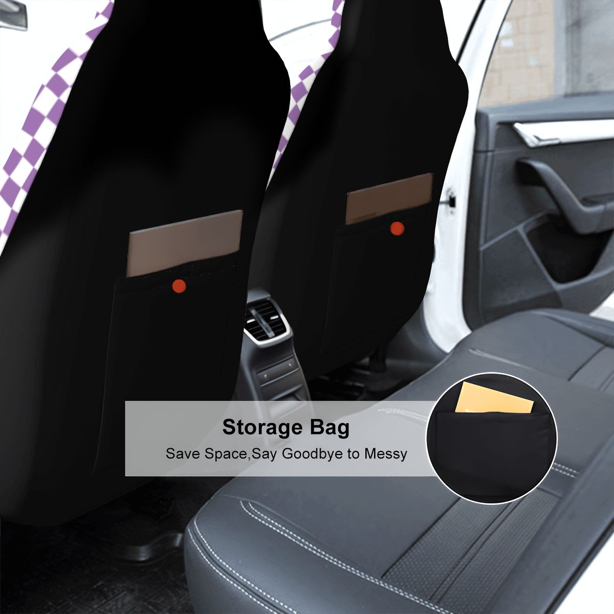 White & Purple Checkered Car Seat Covers - Set of 2