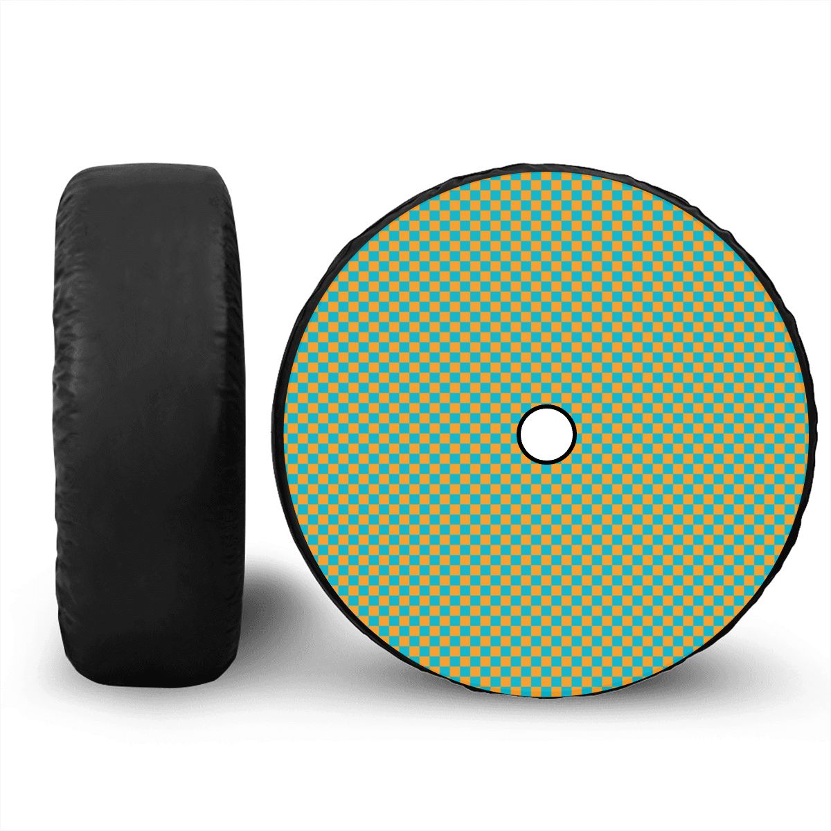Blue & Orange Mini Checkered Spare Tire Cover with Camera Hole