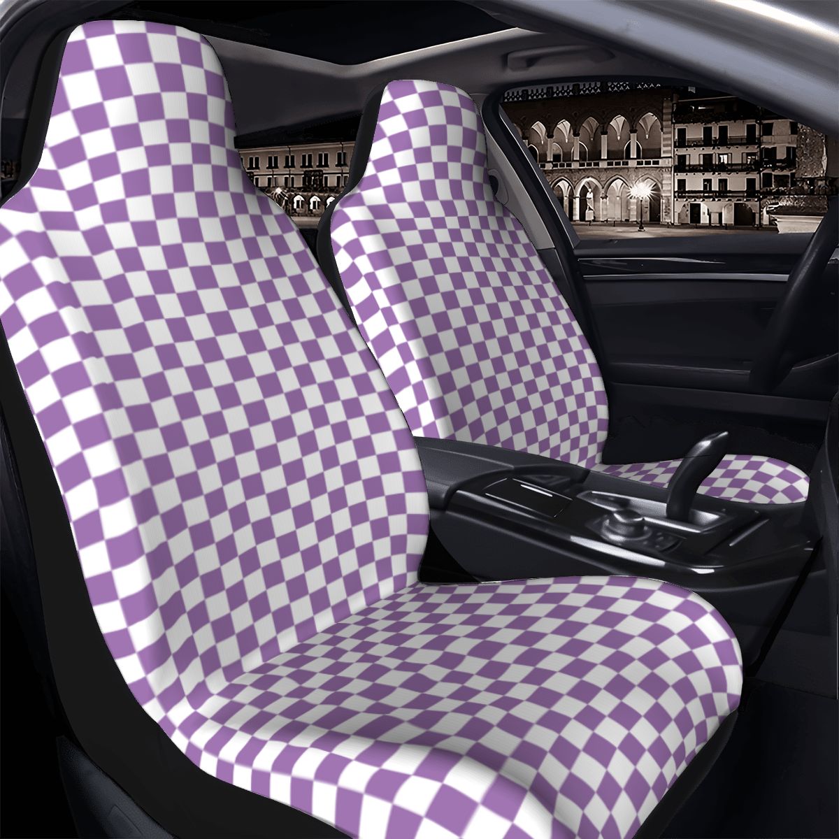 White & Purple Checkered Car Seat Covers - Set of 2