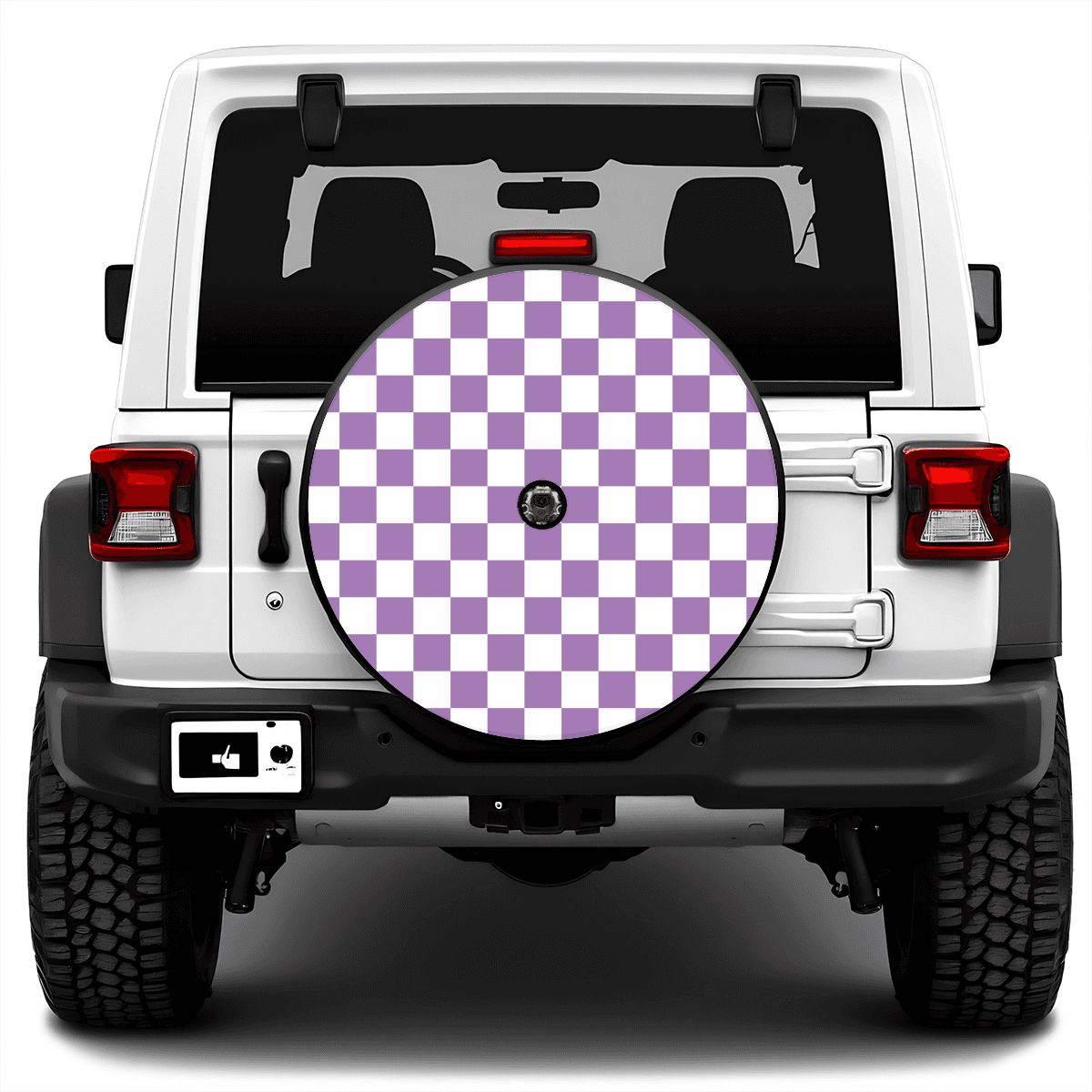 White & Purple Checkered Spare Tire Cover with Camera Hole