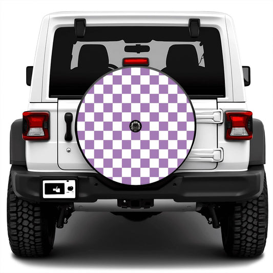 White & Purple Checkered Spare Tire Cover with Camera Hole